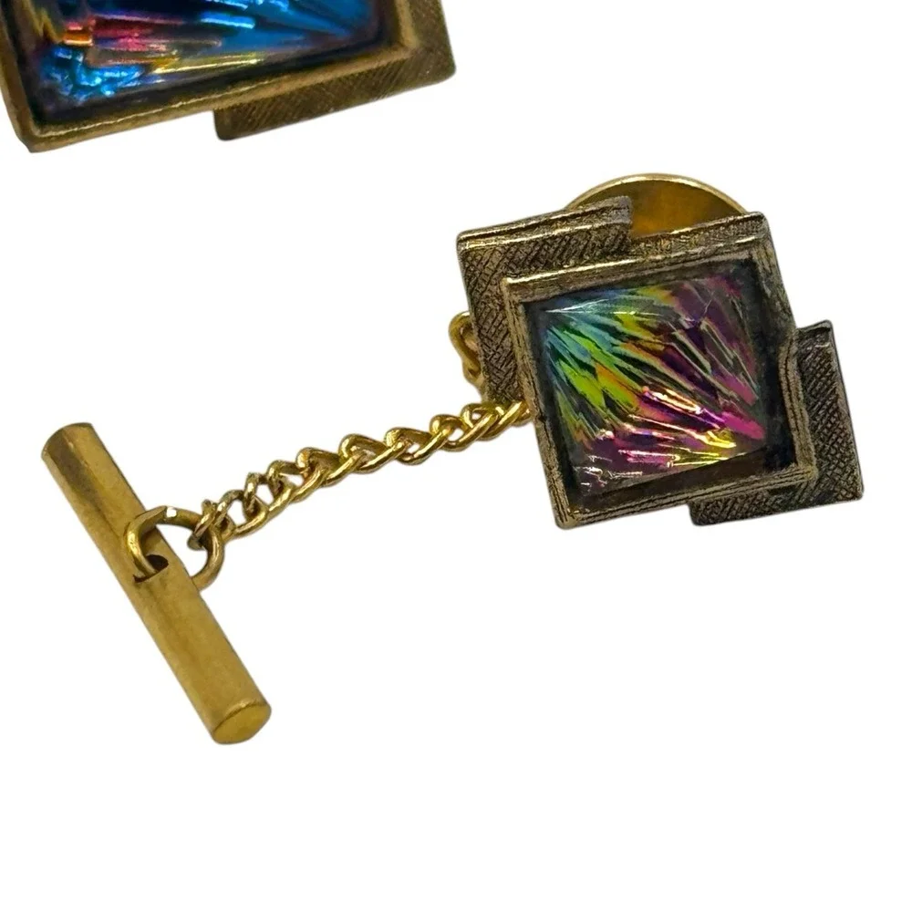 Vintage Watermelon Rivoli Rhinestone Gold Tone Cufflinks Artsy Eclectic Retro